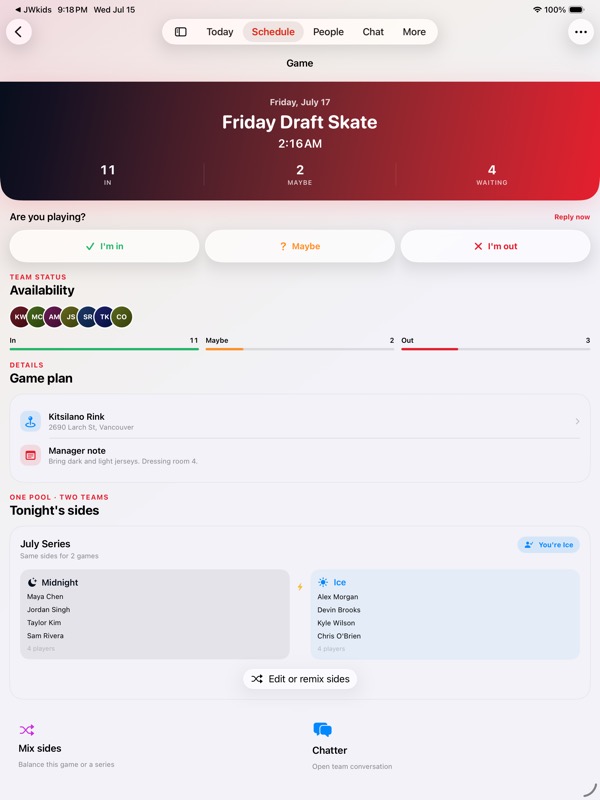 Forecheck iOS game detail showing player availability and two balanced teams