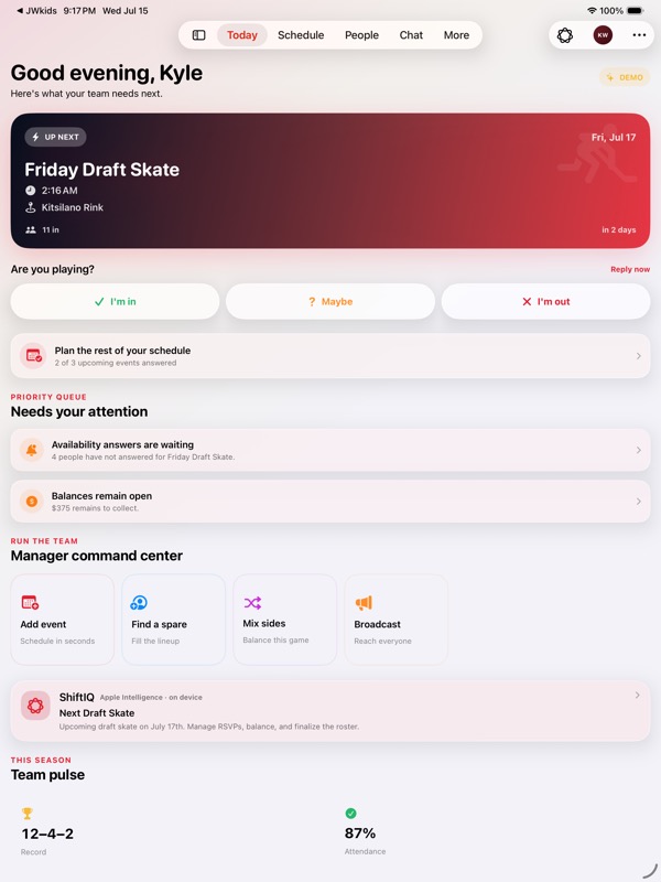 Forecheck iOS manager command center showing the next game, RSVPs, priorities, payments, and Forecheck IQ