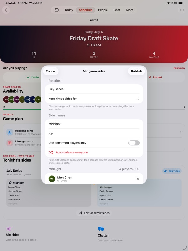 Forecheck iOS team mixer for balancing a player pool into fair sides for one game or a series