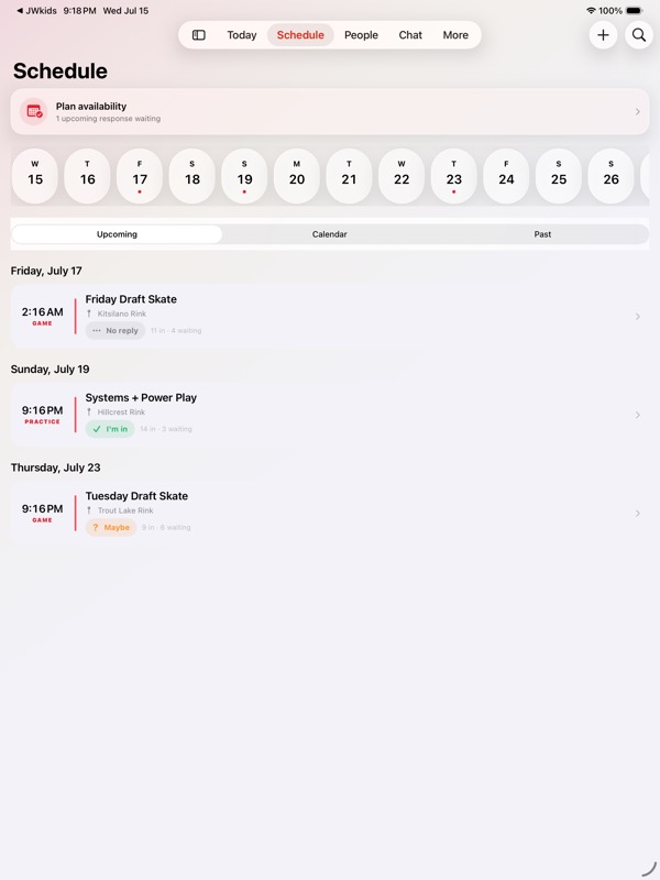 Forecheck iOS schedule with upcoming games, practices, attendance, and availability