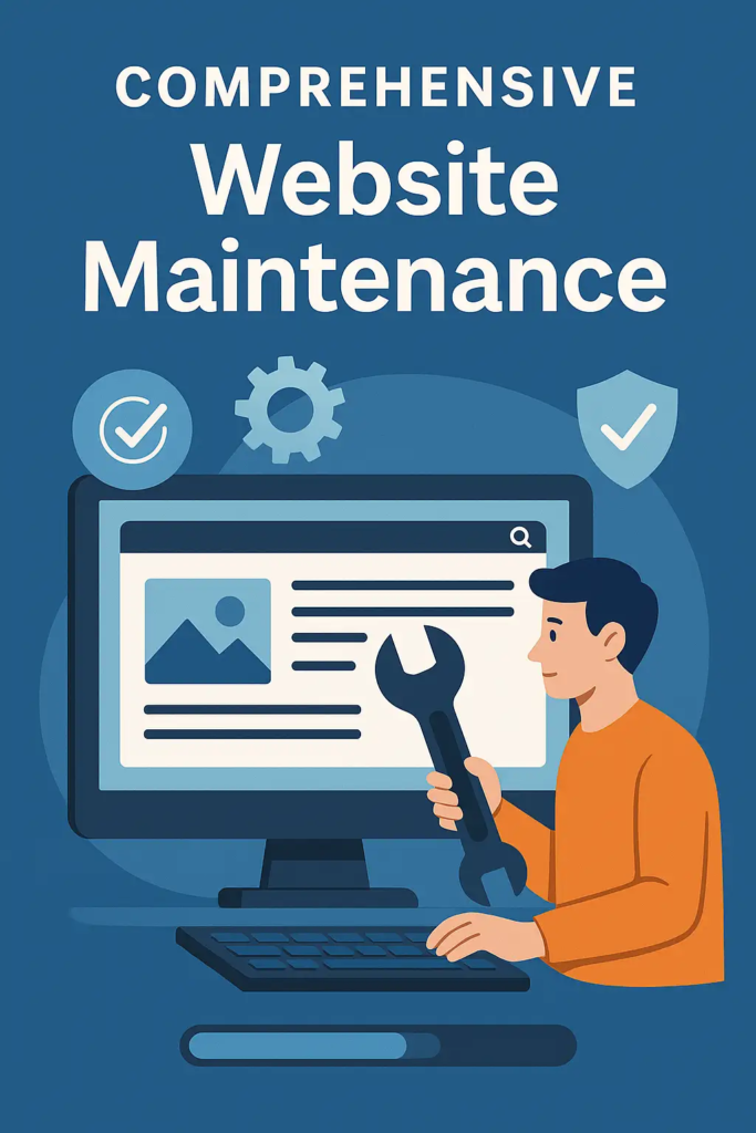 Flat-style illustration of a technician updating a website on a desktop with icons representing security, updates, and optimization