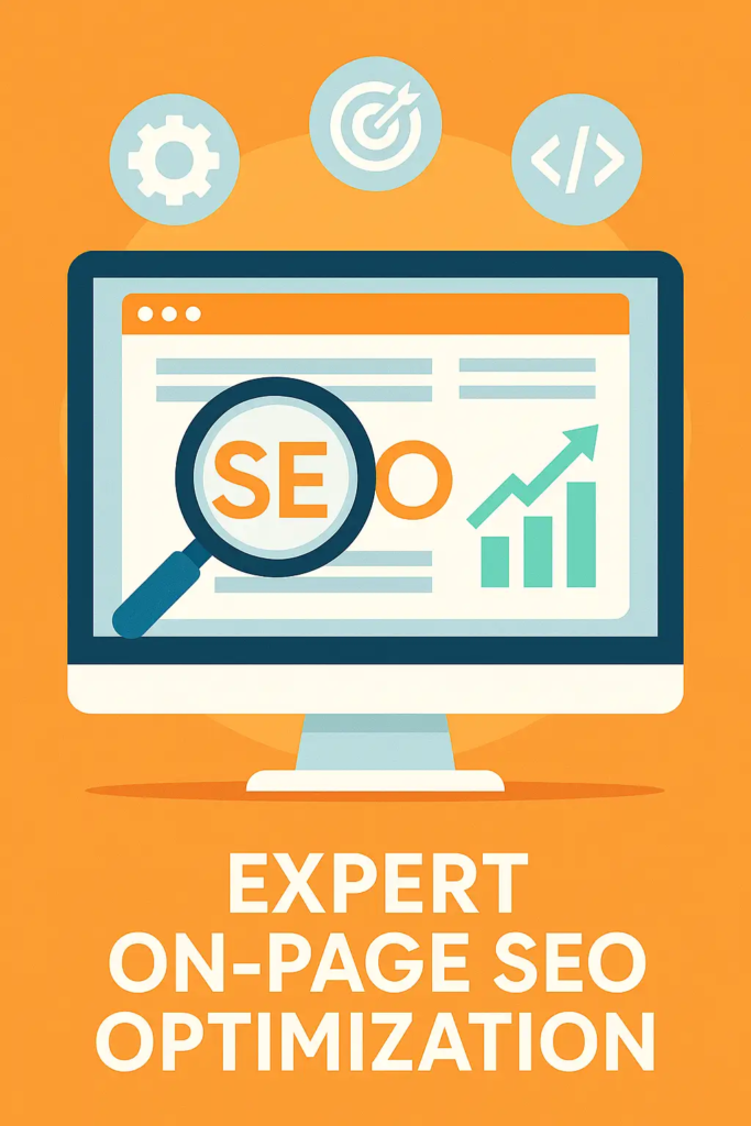 Flat illustration showing a magnifying glass over “SEO” on a desktop screen with optimization icons and a rising graph
