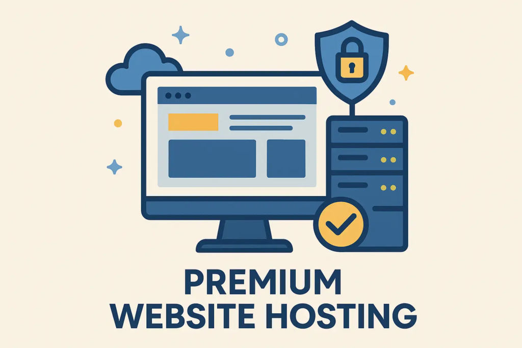 Illustration of premium website hosting featuring a desktop monitor, secure server, and cloud elements representing fast, reliable hosting