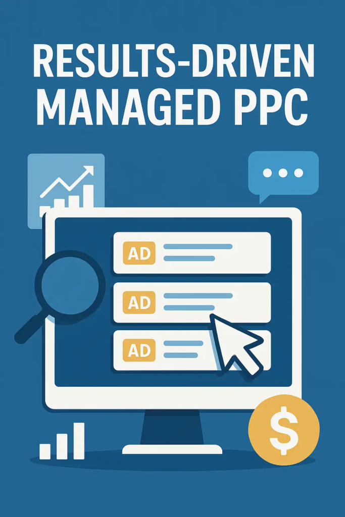 Flat-style illustration showing PPC ad listings on a computer screen with a magnifying glass, arrow chart, and dollar sign icon